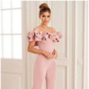 New With Tags ClubLLondon Extreme Ruffle Bardot Crepe Blush Jumpsuit Sz 6US